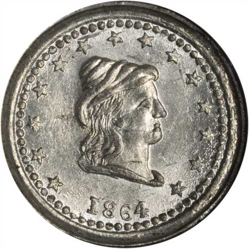 1864 Conical Cap Head / Our Navy. Fuld-42/336 e. Rarity-8. White Metal. 21 mm. MS-63 (NGC).