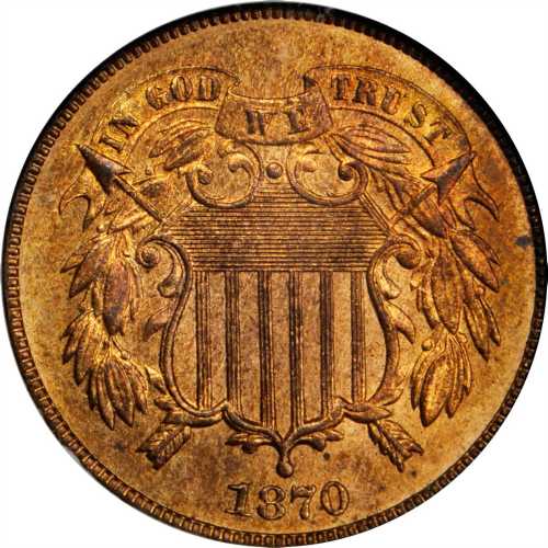 1870 Two-Cent Piece. MS-65 RB (NGC). CAC.