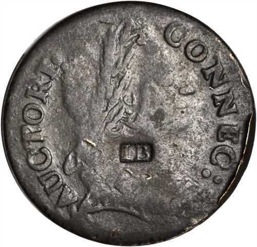 I B in a recessed rectangle on a 1785 Miller D-4.3 Bust Right Connecticut copper. Brunk B-43, Rulau-