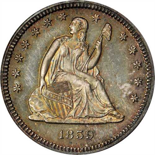1859 Liberty Seated Quarter. Proof-64 (PCGS). CAC. OGH.