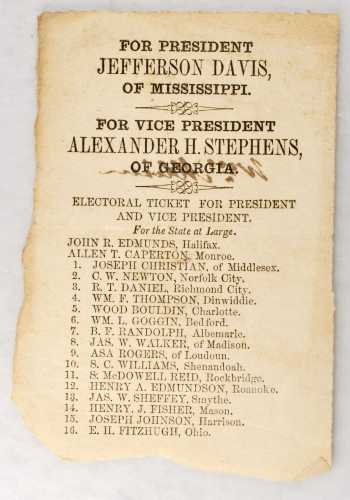 Pair of Election tickets for the 1861 Election of Jefferson Davis and Alexander Stephens as Presiden