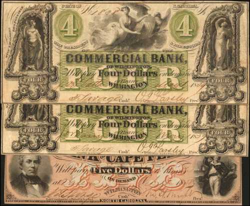 Lot of (3) North Carolina Obsolete Banknotes from Wilmington Banks. Very Fine to About Uncirculated.