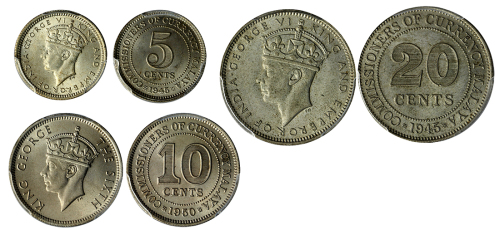 马来亚辅币3枚一组，包括1945年5分，1950年10分，1945年20分，分别评PCGS MS64,  MS65及 MS62