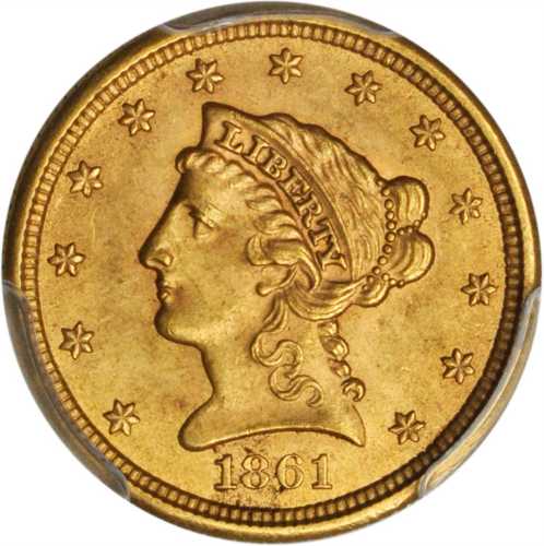 1861 Liberty Head Quarter Eagle. Type II Reverse. MS-63 (PCGS).