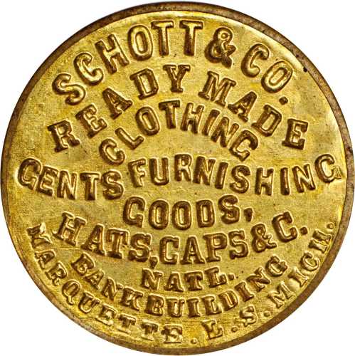 Michigan, Marquette. 1870 Schott & Co. Bowers MI-590. Gilt brass. 34 mm. Choice Uncirculated.