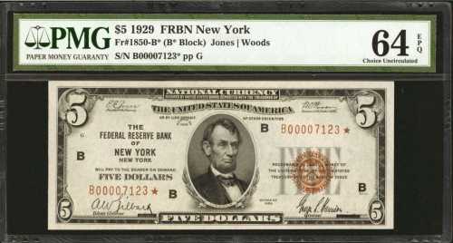 Fr. 1850-B*. 1929 $5 Federal Reserve Bank Star Note. New York. PMG Choice Uncirculated 64 EPQ.