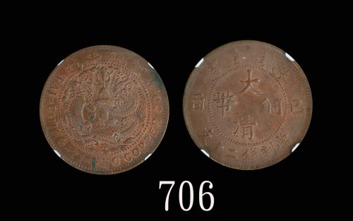 大清铜币宣统年造制钱二十文，己酉，大头龙Tai-Ching-Ti-Kuo Hsuan Tung Copper Coin 20 Cash, ND (1909), large head dragon. N