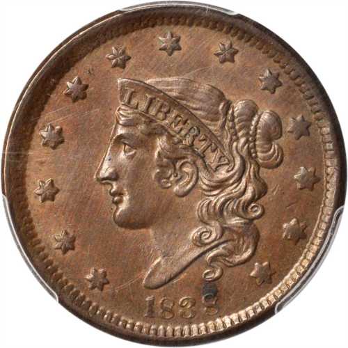 1838 Modified Matron Head Cent. N-6. Rarity-1. MS-61 BN (PCGS).