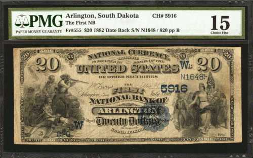 Arlington, South Dakota. $20 1882 Date Back. Fr. 555. The First NB. Charter #5916. PMG Choice Fine 1