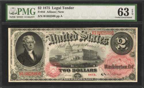 Fr. 44. 1875 $2 Legal Tender Note. PMG Choice Uncirculated 63 EPQ.