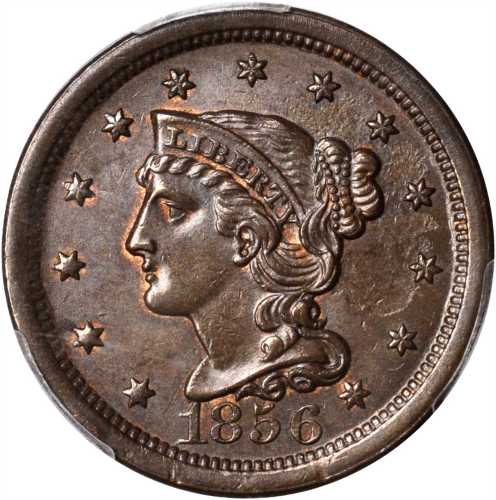 1856 Braided Hair Cent. N-7. Rarity-2. Upright 5. MS-64 BN (PCGS).
