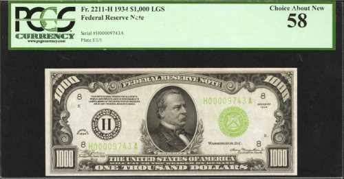 Fr. 2211-Hlgs. 1934 $1000 Federal Reserve Note. St. Louis. PCGS Choice About New 58.