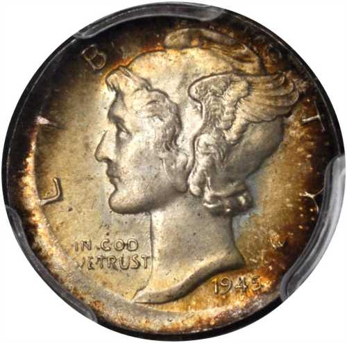 1945 Mercury Dime--Uncentered Broadstrike--MS-65 (PCGS).