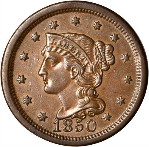 1850 Braided Hair Cent. N-19, 16. Rarity-2. AU-50.