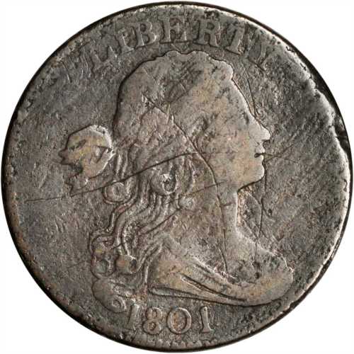 1801 Draped Bust Cent. S-221. Rarity-2. 1/100 Over 1/000. Fine-12 Environmental Damage, Scratched.