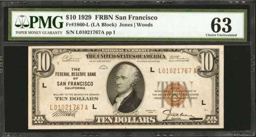 Fr. 1860-L. 1929 $10 Federal Reserve Bank Note. San Francisco. PMG Choice Uncirculated 63.