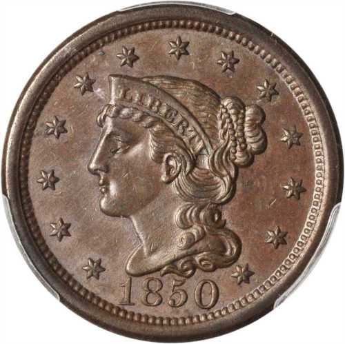 1850 Braided Hair Cent. N-6. Rarity-1. MS-62 BN (PCGS).