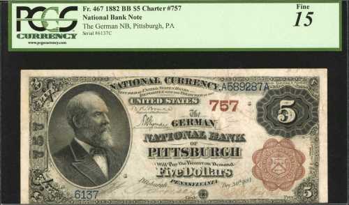 Pittsburgh, Pennsylvania. $5 1882 Brown Back. Fr. 467. The German NB. Charter #757. PCGS Fine 15.