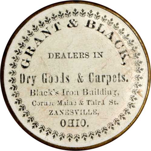 Ohio, Zanesville. 1867 Grant & Black. Bowers OH-2060. Silvered brass. 38 mm. About Uncirculated.