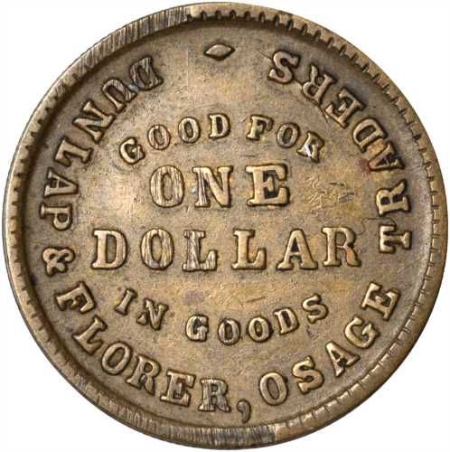 Indian Territory--Pawhuska. Undated Dunlop & Florer Osage Traders. $1.00. Brass. 22 mm. VF-30.