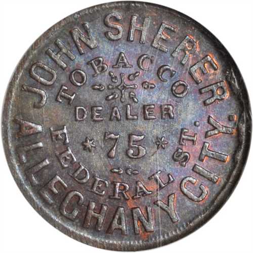 Pennsylvania--Allegheny City. 1863 John Sherer. Fuld-013F-4a. Rarity-5. Copper. 19 mm. MS-65 BN (NGC