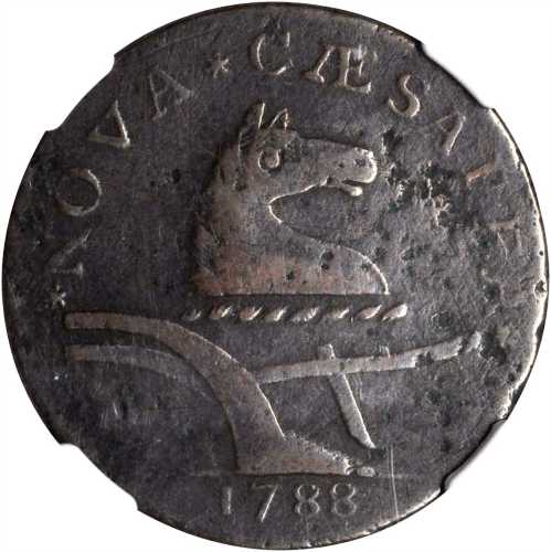 1788 New Jersey Copper. Maris 67-v, W-5510. Rarity-1. Horses Head Right, Brushed Mane. VF Details--E