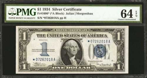 Fr. 1606*. 1934 $1 Silver Certificate Star Note. PMG Choice Uncirculated 64 EPQ.