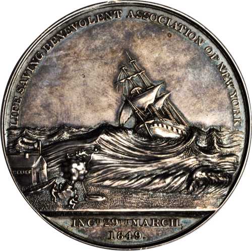 1857 Life Saving Benevolent Association of New York Medal. Silver. 50.82 millimeters. 56 grams. By G