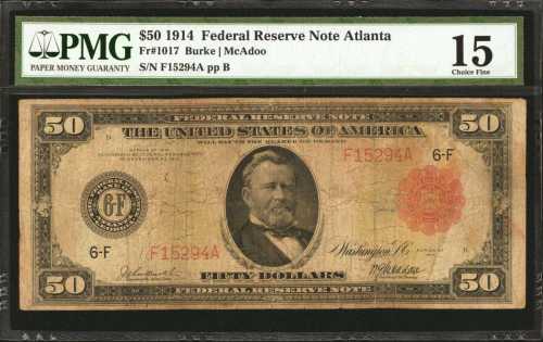 Fr. 1017. 1914 $50 Federal Reserve Note. Atlanta. Red Seal. PMG Choice Fine 15.