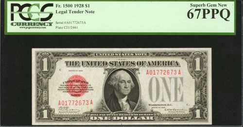 Fr. 1500. 1928 $1 Legal Tender Note. PCGS Superb Gem New 67 PPQ.