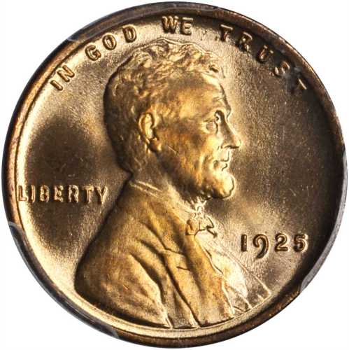 1925 Lincoln Cent. MS-67 RD (PCGS). Gold Shield Holder.
