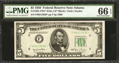 Fr. 1961-FWi*. 1950 $5 Federal Reserve Star Note. Atlanta. PMG Gem Uncirculated 66 EPQ.