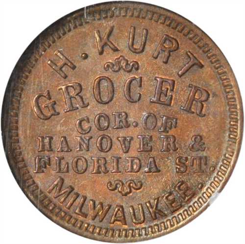 Wisconsin--Milwaukee. 1863 Hubert Kurt. Fuld-510W-1a. Rarity-4. Copper. 19 mm. MS-64 BN (NGC).