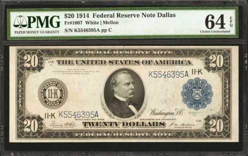 Fr. 1007. 1913 $20 Federal Reserve Note. Dallas. PMG Choice Uncirculated 64 EPQ.