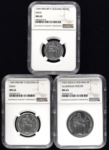 FRENCH OCEANIA 佛领オセアニア  Piefort Essai 1,2,5Francs 1949 NGC-MS63,62,63 -UNC~UNC