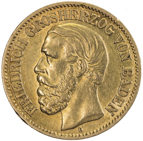 World Coins - Europe，BADEN: Friedrich I, 1852-1907, AV 10 mark (3.94g), 1898-G, KM-267, lovely EF, e