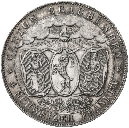 World Coins - Europe，GRAUBUNDEN (GRISONS): AR 4 franken, 1842, KM-17, Shooting Festival commemorativ