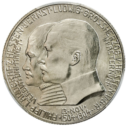 World Coins - Europe，HESSE-DARMSTADT: Ernst Ludwig, 1892-1918, AR 2 mark, 1904, KM-372, 400th Birthd