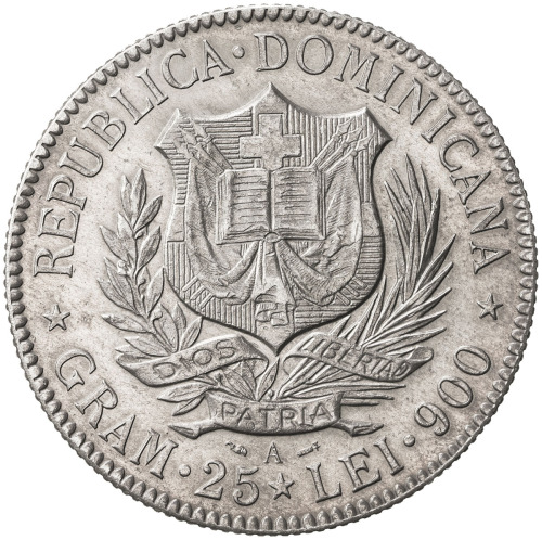 World Coins - The Americas，DOMINICAN REPUBLIC: AR 5 francos, 1891-A, KM-12, nicely toned, choice AU.
