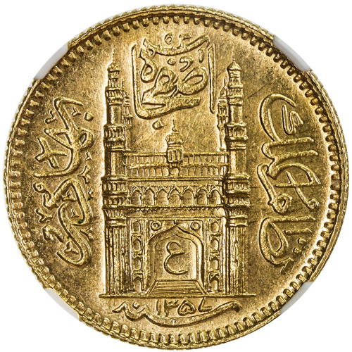 India - Princely States，HYDERABAD: Mir Usman Ali Khan, 1911-1948, AV ½ ashrafi, AH1357 year 29, Y-56