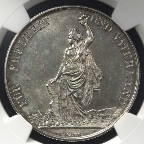 SWITZERLAND Shooting Festival 射击节 5Francs 1872 NGC-UNC Details“Surface Hairlines“ 洗浄 AU