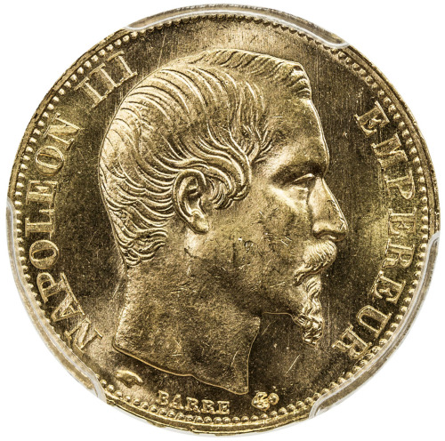 World Coins - Europe，FRANCE: Napoleon III, 1852-1870, AV 20 francs, 1860-A, KM-781.1, 6 over 5 in da