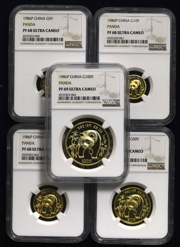 1986年熊猫纪念金币一组五枚 NGC