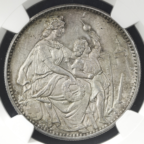 SWITZERLAND Shooting Festival 射击节 5Franks 1865 NGC-UNC Details“Surface Hairlines“ 洗浄 AU/UNC