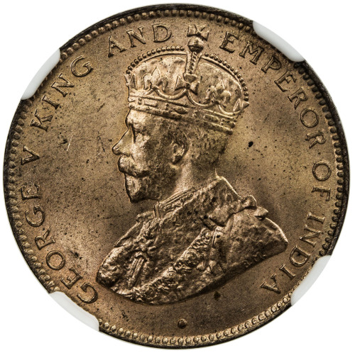 World Coins - Africa，MAURITIUS: George V, 1910-1936, AE 2 cents, 1923, KM-13, NGC graded MS65 RD, S.