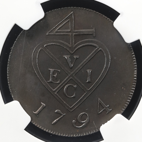 INDIA British India Bombay Presidency イギリス领インド・ボンベイ保护领 1・1/2Pice(6Reas) 1794  NGC-PF62BN Proof-UNC 