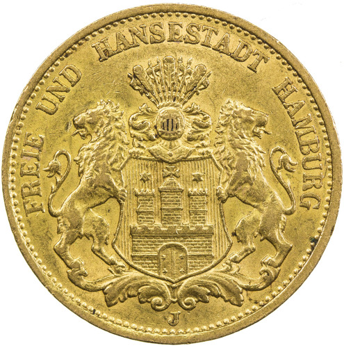 World Coins - Europe，HAMBURG: AV 20 mark, 1899-J, KM-295, AGW 0.2304 oz, bold EF to AU.