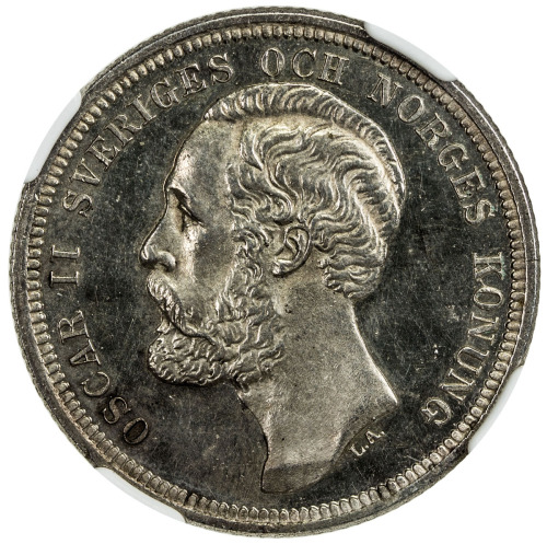 World Coins - Europe，SWEDEN: Oscar II, 1872-1907, AR krona, 1884, KM-747, mintmaster EB, NGC graded 