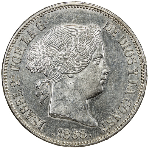 World Coins - Europe，SPAIN: Isabel II, 1833-1868, AR 2 escudos, 1868 (68), KM-629, lightly cleaned, 