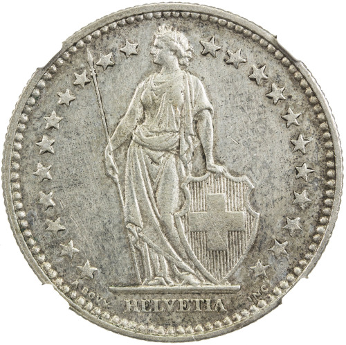 World Coins - Europe，SWITZERLAND: AR 2 francs, 1894-A, KM-21, only date of the type struck in Paris,